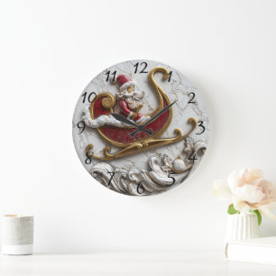 Grande Horloge Ronde Père Noël glissant dans un traîneau festif