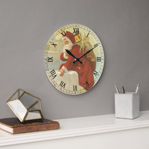 Grande Horloge Ronde Père Noël victorien de Noël vintage dans une chemi