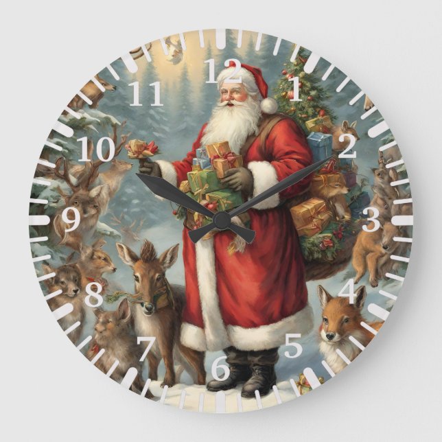 Grande Horloge Ronde Père Noël victorienne avec animaux présents et for (Recto)
