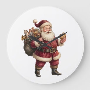 Grande Horloge Ronde Père Noël vintage avec sac de jouets et friandise