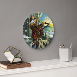 Grande Horloge Ronde Père Noël vintage de Noël Télescope Chien Coucher 