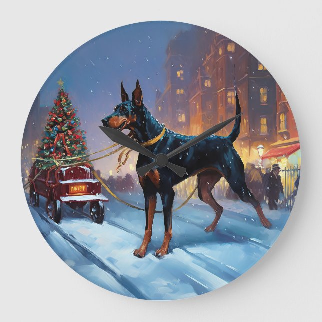 Grande Horloge Ronde Période de fêtes de Noël Doberman (Recto)