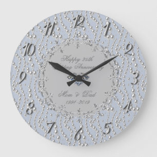 Grande Horloge Ronde Perles Argentées Chic 25ème Anniversaire de Mariag