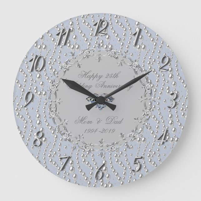 Grande Horloge Ronde Perles d'argent chic 25e anniversaire de mariage (Recto)