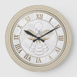 Grande Horloge Ronde Perles et or - ange métallique de Noël de joie