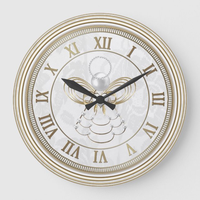 Grande Horloge Ronde Perles et or - ange métallique de Noël de joie (Recto)