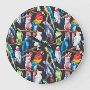 Grande Horloge Ronde Perroquet : papier peint d'aquarelle tropicale.
