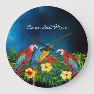 Grande Horloge Ronde Perroquets tropicaux palmier bleu nom de la maison