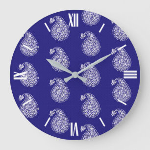 Grande Horloge Ronde Persian tile paisley - white on indigo blue