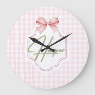 Grande Horloge Ronde Personalisé Harper Baby Girl Nursery Bow&En vichy
