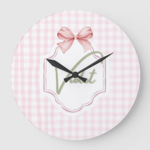 Grande Horloge Ronde Personalisé Violet Baby Girl Nursery Bow&En vichy