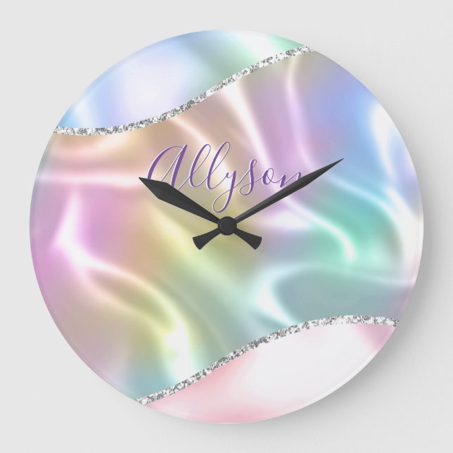 Grande Horloge Ronde Personalize Name Purple Script, Iridescent Wave (Recto)