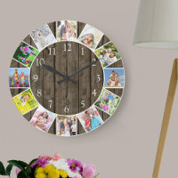 Personalized 12 Photo Collage Dark Wood Round