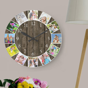 Grande Horloge Ronde Personalized 12 Photo Collage Dark Wood Round