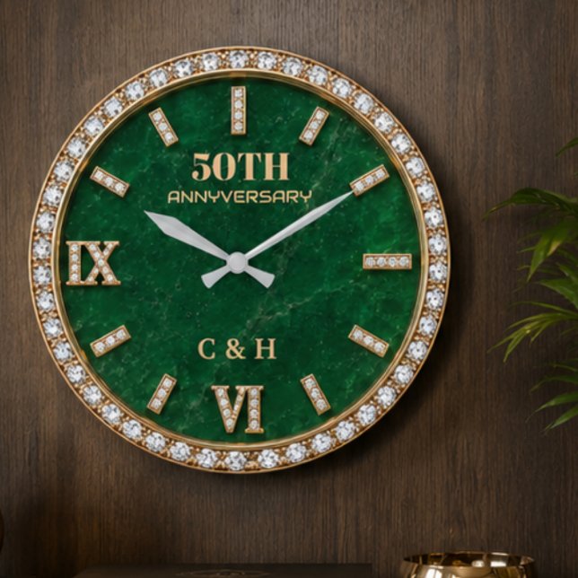 Grande Horloge Ronde Personalized 50th Anniversary Emerald Marble  (Créateur téléchargé)