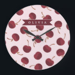 Grande Horloge Ronde Personalized Aesthetic Cherry Pattern Name Gift<br><div class="desc">This collection of adorable cherry patterns is one of those small, everyday pleasures that just make people smile. This design is whimsical, cozy, and effortlessly fashionable with its soft pink backdrop, strewn cherries, and personalized name accents. It's the kind of pattern that makes a desk, a purse, or a comfortable...</div>