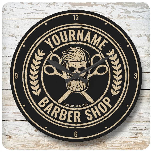 Grande Horloge Ronde Personalized Barber Shop Skull Rockabilly Salon (Créateur téléchargé)