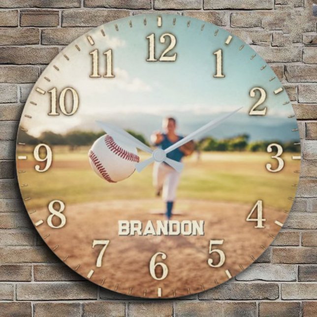 Grande Horloge Ronde Personalized Baseball Pitcher Custom Name Player (Créateur téléchargé)