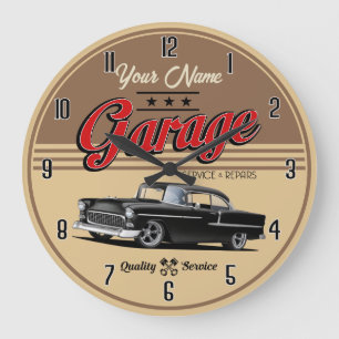 Grande Horloge Ronde Personalized Black 1955 Car Garage Large Clock