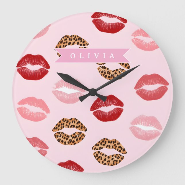 Grande Horloge Ronde Personalized Chic Pink Leopart Print Lip Pattern (Recto)