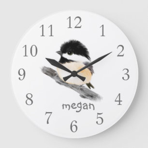 Grande Horloge Ronde Personalized Chickadee Bird Wall Clock