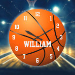 Grande Horloge Ronde Personalized Custom Name Basketball Large Clock<br><div class="desc">Personalized name basketball clock. Designed by Thisisnotme©</div>