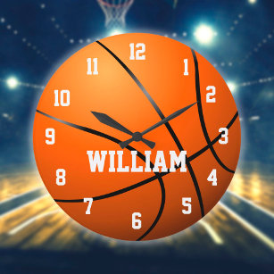 Grande Horloge Ronde Personalized Custom Name Basketball Large Clock