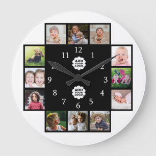 Grande Horloge Ronde Personalized Family 12 Photo Collage 2 Logo noir