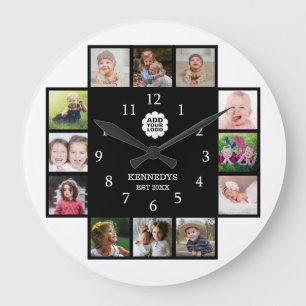 Grande Horloge Ronde Personalized Family 12 Photo Logo de collage Black