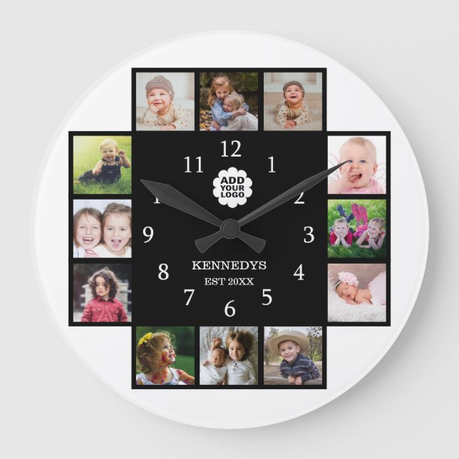 Grande Horloge Ronde Personalized Family 12 Photo Logo de collage Black (Recto)