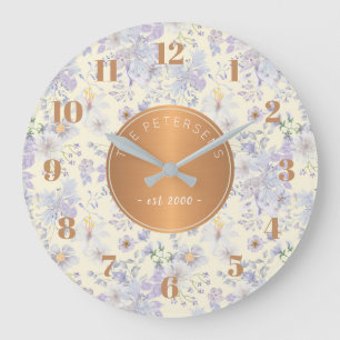 Grande Horloge Ronde Personalized Family Name Pastel Floral Copper