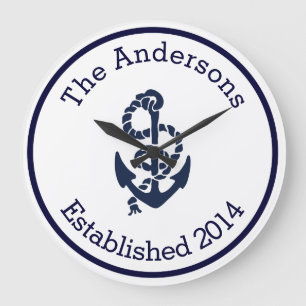 Grande Horloge Ronde Personalized Family Nom Nautical Navy Anchor