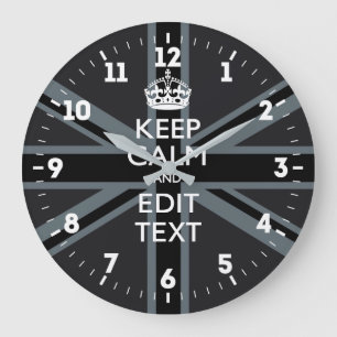 Grande Horloge Ronde Personalized Keep Calm Your Text UK Flag Black