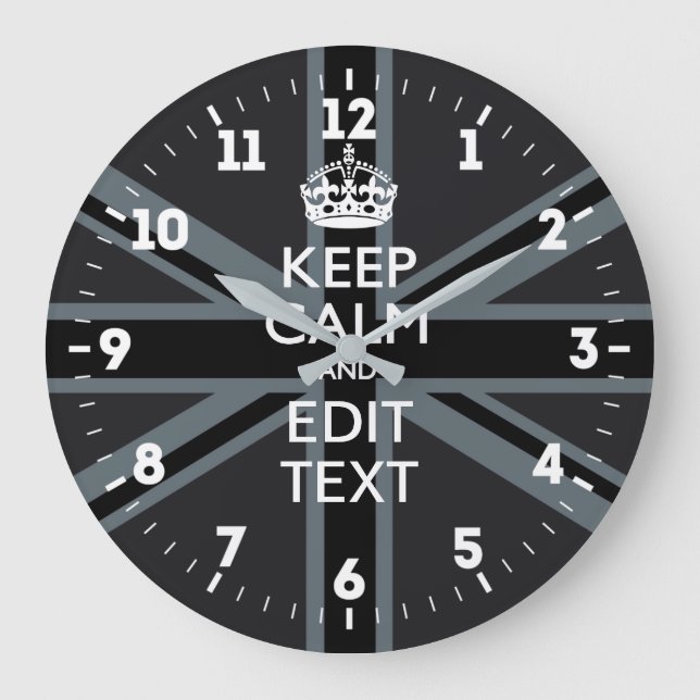 Grande Horloge Ronde Personalized Keep Calm Your Text UK Flag Black (Recto)