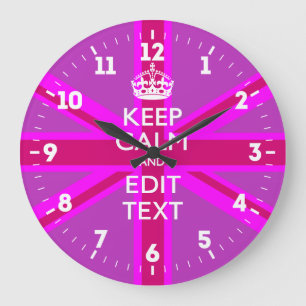 Grande Horloge Ronde Personalized Keep Calm Your Text UK Flag Pink