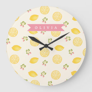 Grande Horloge Ronde Personalized Lemon Floral Summer Custom Name