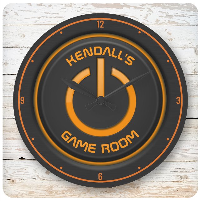 Grande Horloge Ronde Personalized NAME Neon Power Button Game Room Sign (Créateur téléchargé)