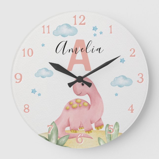 Grande Horloge Ronde Personalized Pink Dinosaur Nursery Large Clock (Recto)