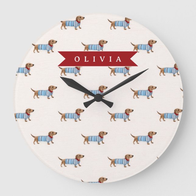 Grande Horloge Ronde Personalized Preppy Cute Dachshund Dog Pattern (Recto)