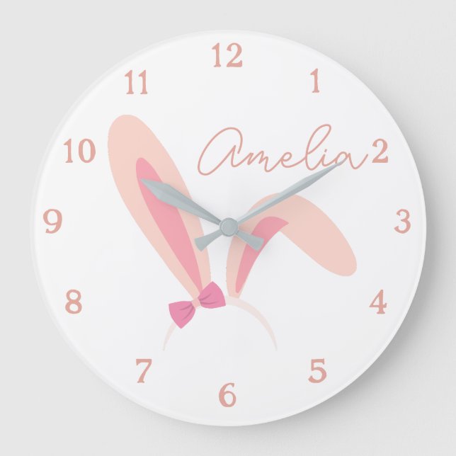 Grande Horloge Ronde Personalized White Bunny Nursery Wall Clock Pastel (Recto)