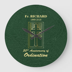 Grande Horloge Ronde Personnalisable 50e anniversaire d'ordination vert