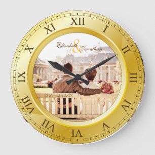 Grande Horloge Ronde Personnalisable Anniversaire Mariage Gold Roman Ph