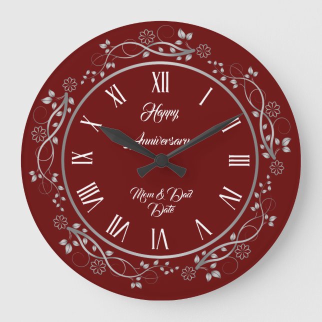 Grande Horloge Ronde Personnalisation Fleurie Joyeux Anniversaire Argen (Recto)