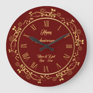 Grande Horloge Ronde Personnalisation Florale Joyeux Or 50e Anniversair
