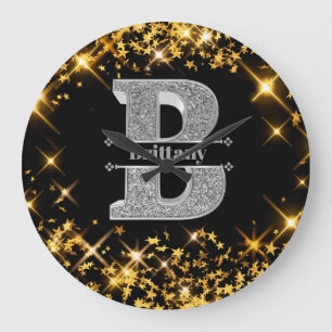 Grande Horloge Ronde Personnalisé B Monogramme initial d'argent Votre n