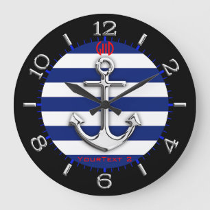 Grande Horloge Ronde Personnalisé Chrome Ancre Navy Blue Stripes Dial