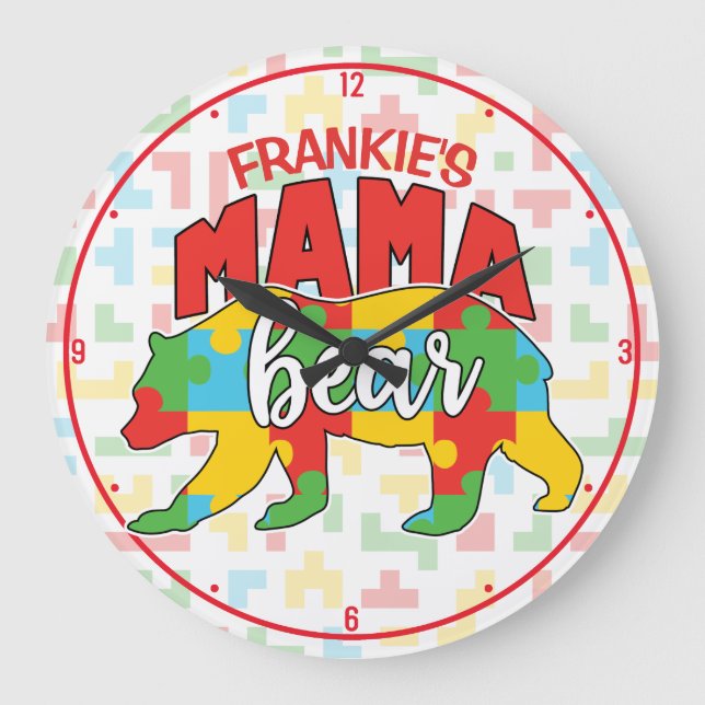 Grande Horloge Ronde Personnalisé Enfants NOM Mama Ours Sensibilisation (Recto)
