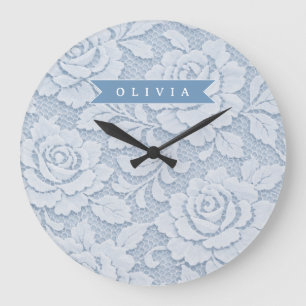 Grande Horloge Ronde Personnalisé Fleurs en dentelle bleue Élégant Roma