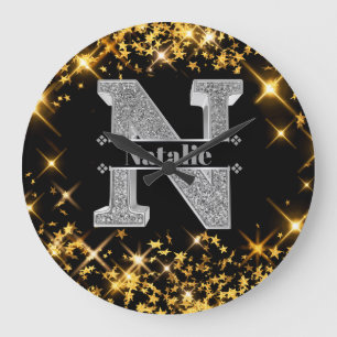 Grande Horloge Ronde Personnalisé N Monogramme initial d'argent Votre n