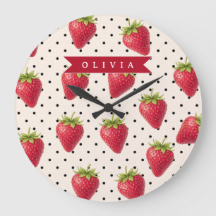 Grande Horloge Ronde Personnalisé Rétro Fraise à pois Vintage